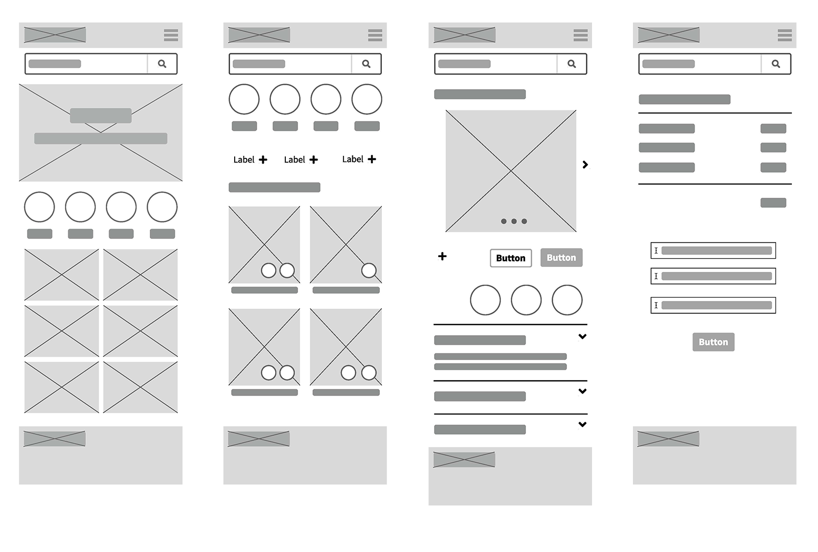 lo-fi user flow showing homepage, product page, and order page