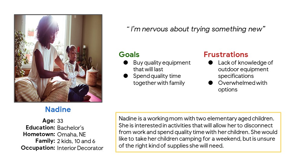 Nadine's persona statement, includine quote "I'm nervous about trying something new"